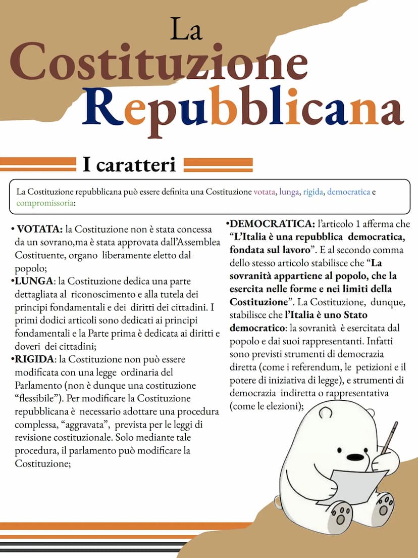 La
Costituzione
I caratteri
La Costituzione può avere diverse caratteristiche in base
alla modalità di emanazione, la Costituzione può esser