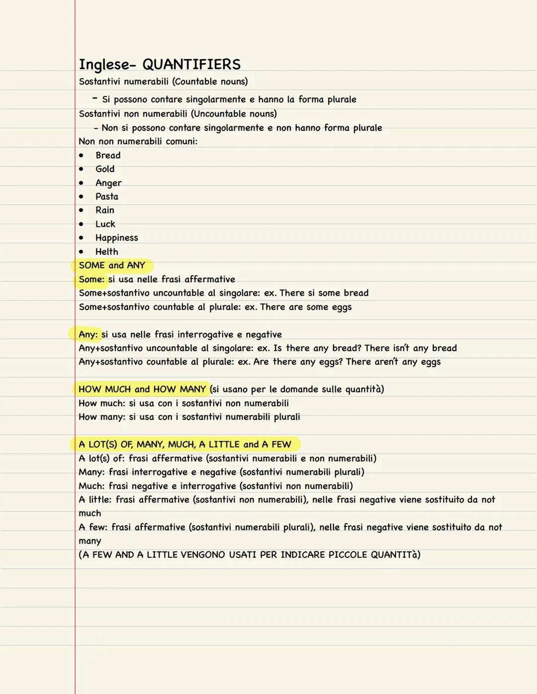Inglese- QUANTIFIERS
Sostantivi numerabili (Countable nouns)
- Si possono contare singolarmente e hanno la forma plurale
Sostantivi non nume