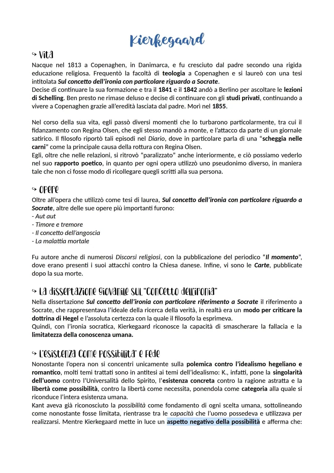 Kierkegaard
→ Vita
Nacque nel 1813 a Copenaghen, in Danimarca, e fu cresciuto dal padre secondo una rigida
educazione religiosa. Frequentò l