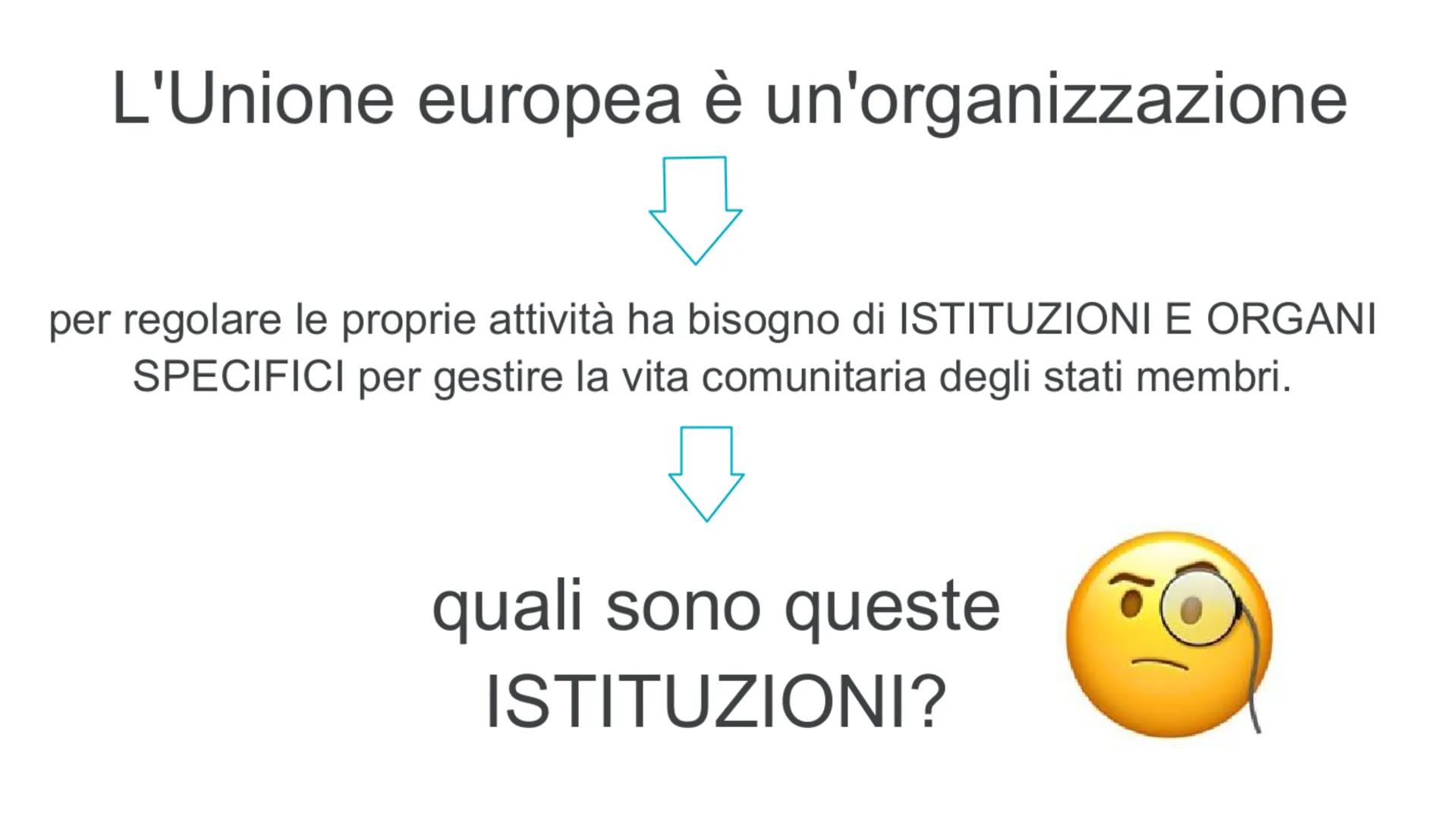 ORGANIE ISTITUZIONI UNIONE EUROPE L'Unione europea è un'organizzazione
per regolare le proprie attività ha bisogno di ISTITUZIONI E ORGANI
S