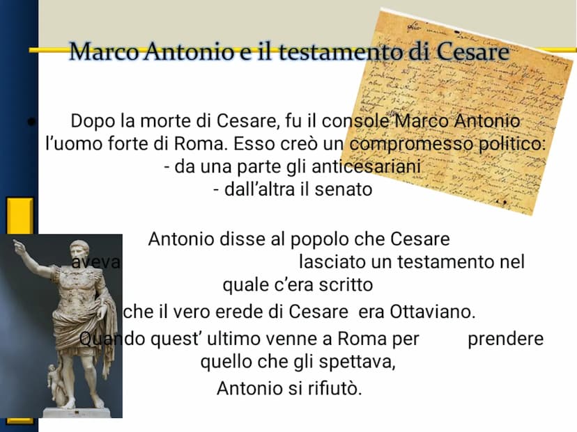 L'impero di Augusto Bagage
Marco Antonio e il testamento di Cesare
4ankamer
aveva
Dopo la morte di Cesare, fu il console Marco Antonio
l'uom
