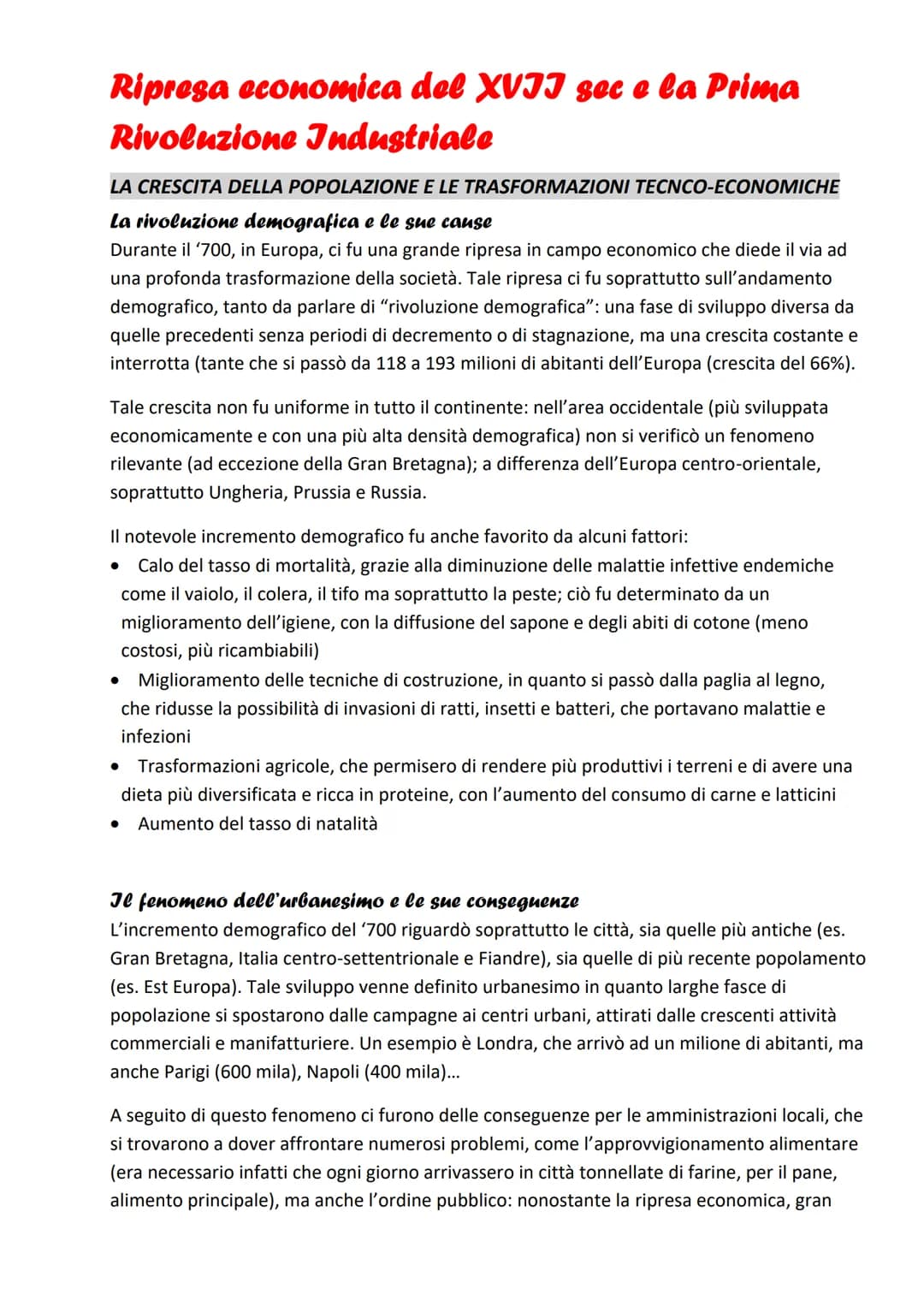 Ripresa economica del XVII sec e la Prima
Rivoluzione Industriale
LA CRESCITA DELLA POPOLAZIONE E LE TRASFORMAZIONI TECNCO-ECONOMICHE
La riv