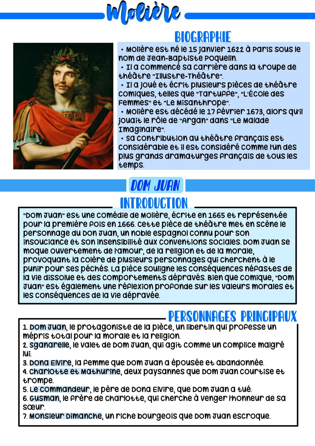 •Molière
BIOGRAPHIE
Molière est né le 15 janvier 1622 à Paris sous le
nom de Jean-Baptiste Poquelin.
●
Il a commencé sa carrière dans la tro