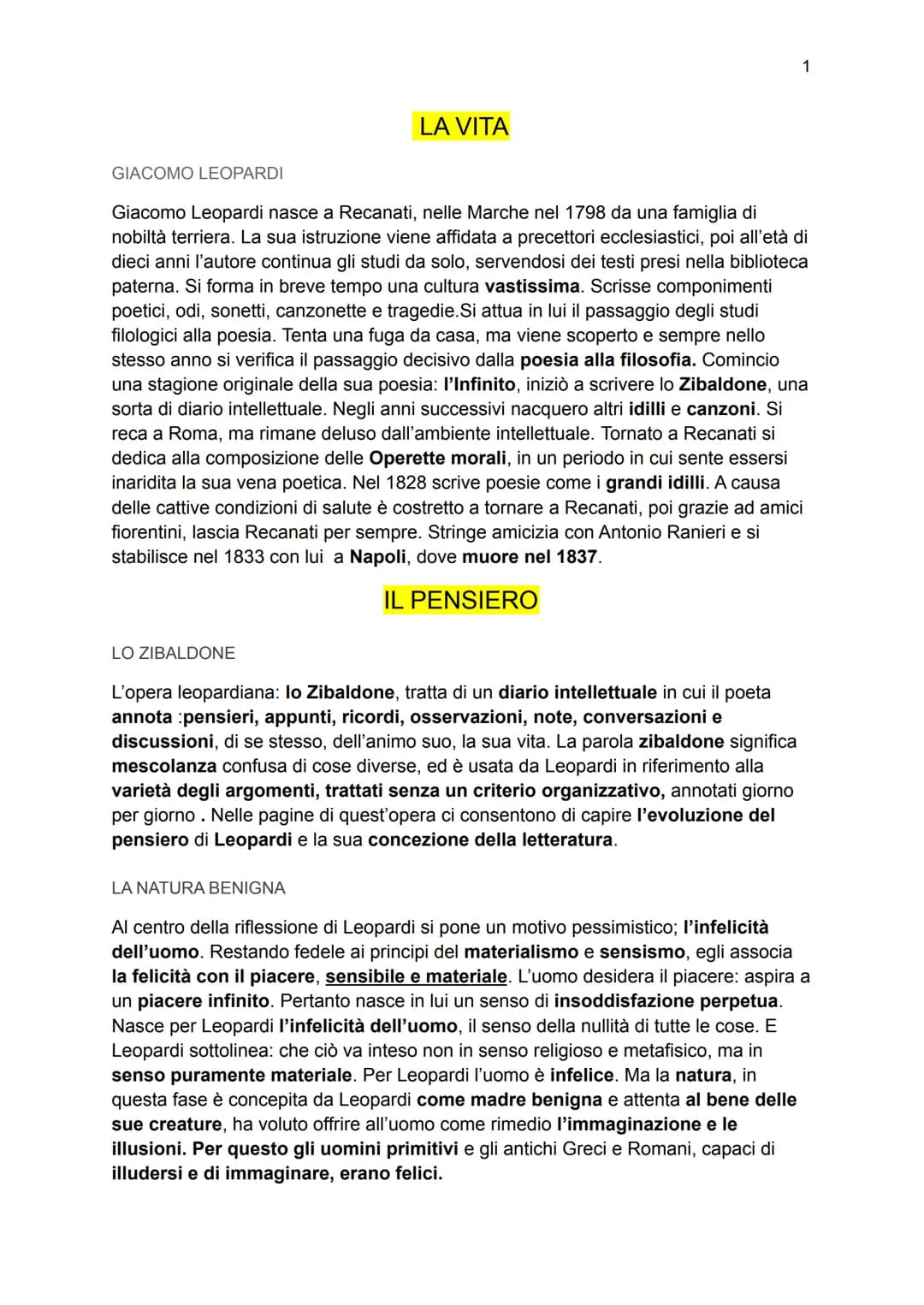 LA VITA
LO ZIBALDONE
GIACOMO LEOPARDI
Giacomo Leopardi nasce a Recanati, nelle Marche nel 1798 da una famiglia di
nobiltà terriera. La sua i