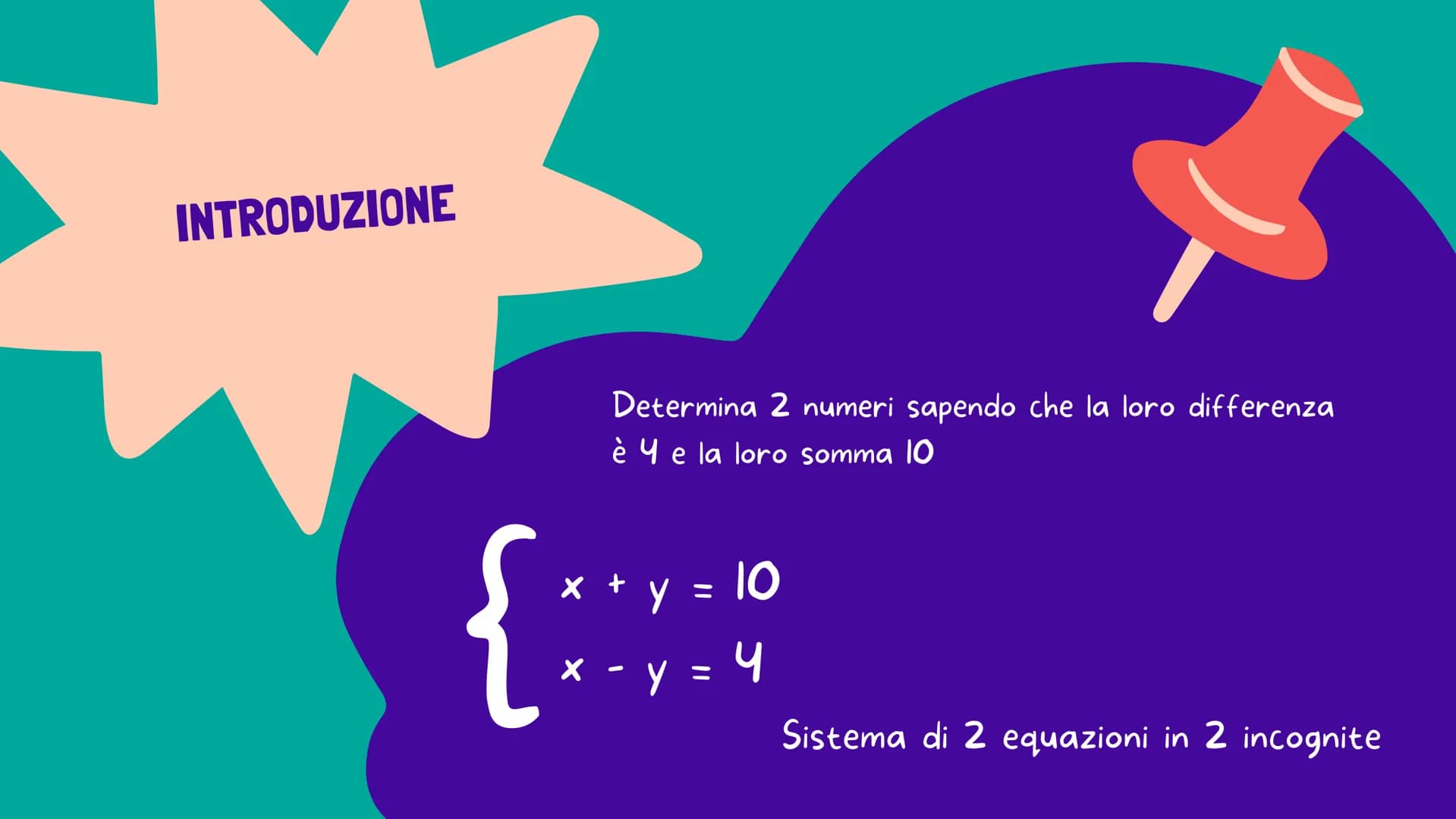 MATEMATICA 2ª SUPERIORE
a
SISTEMI
LINEARI
appunti INTRODUZIONE
2
Determina 2 numeri sapendo che la loro differenza
è 4 e la loro somma 10
x 