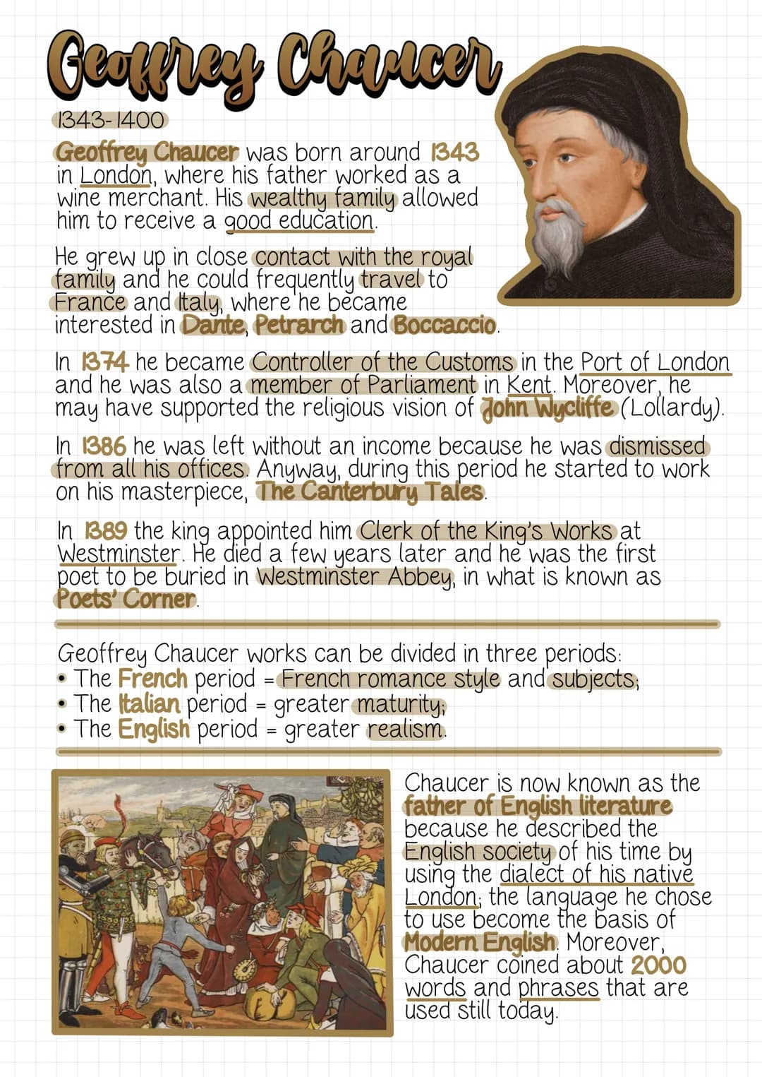 Geoffrey Chaucer
1343-1400
Geoffrey Chaucer was born around 1343
in London, where his father worked as a
wine merchant. His wealthy family a