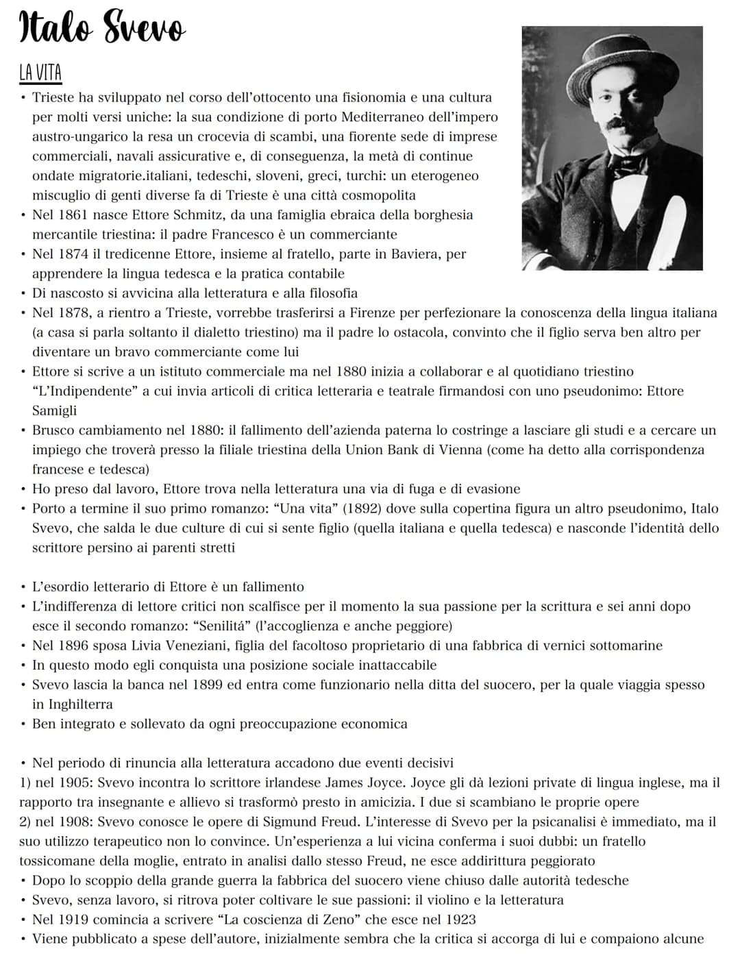 Italo Svevo
LA VITA
• Trieste ha sviluppato nel corso dell'ottocento una fisionomia e una cultura
per molti versi uniche: la sua condizione 