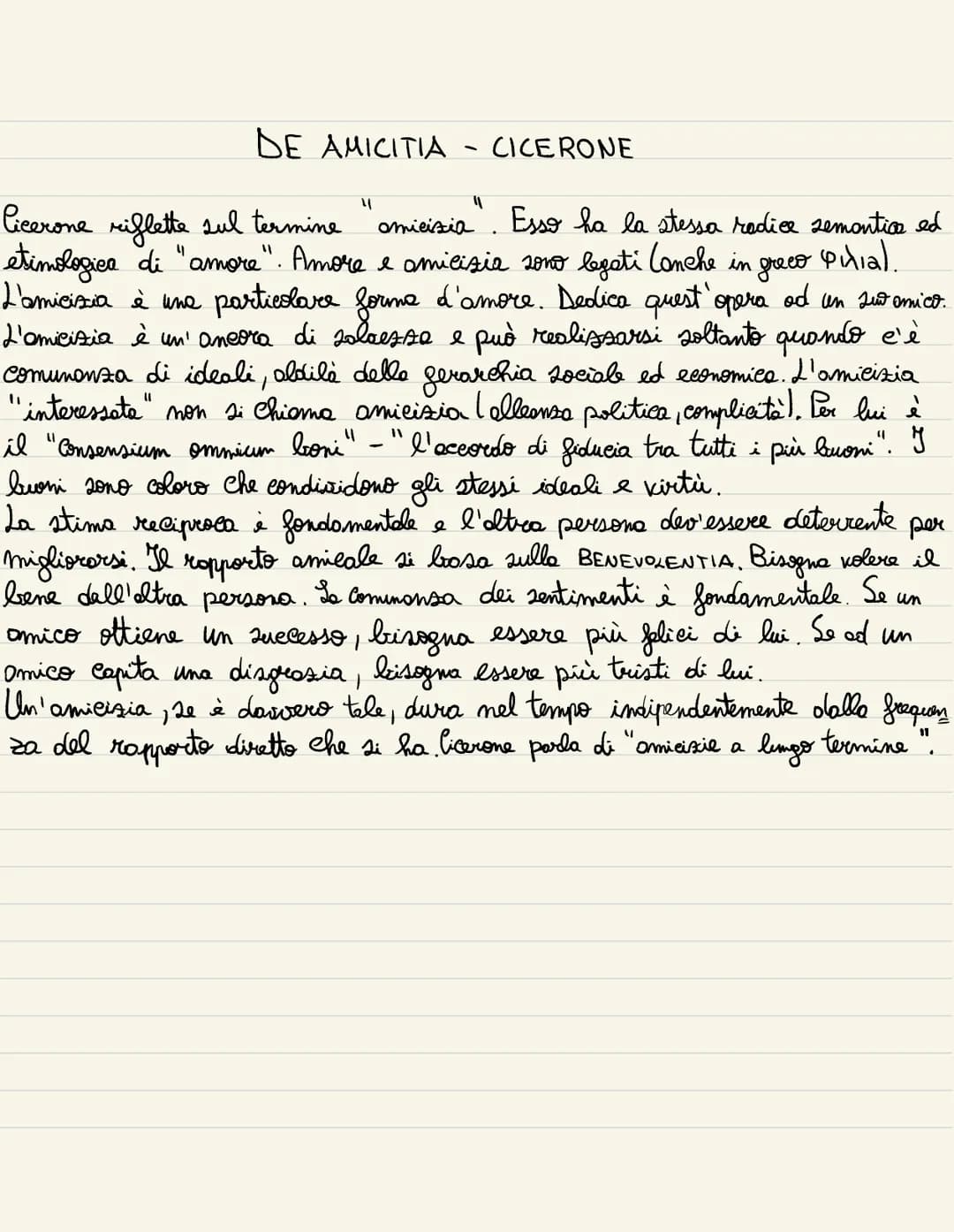 
<p>Cicerone riflette sul termine "amicizia", notando che ha la stessa radice semantica ed etimologica di "amore", sottolineando quindi un l
