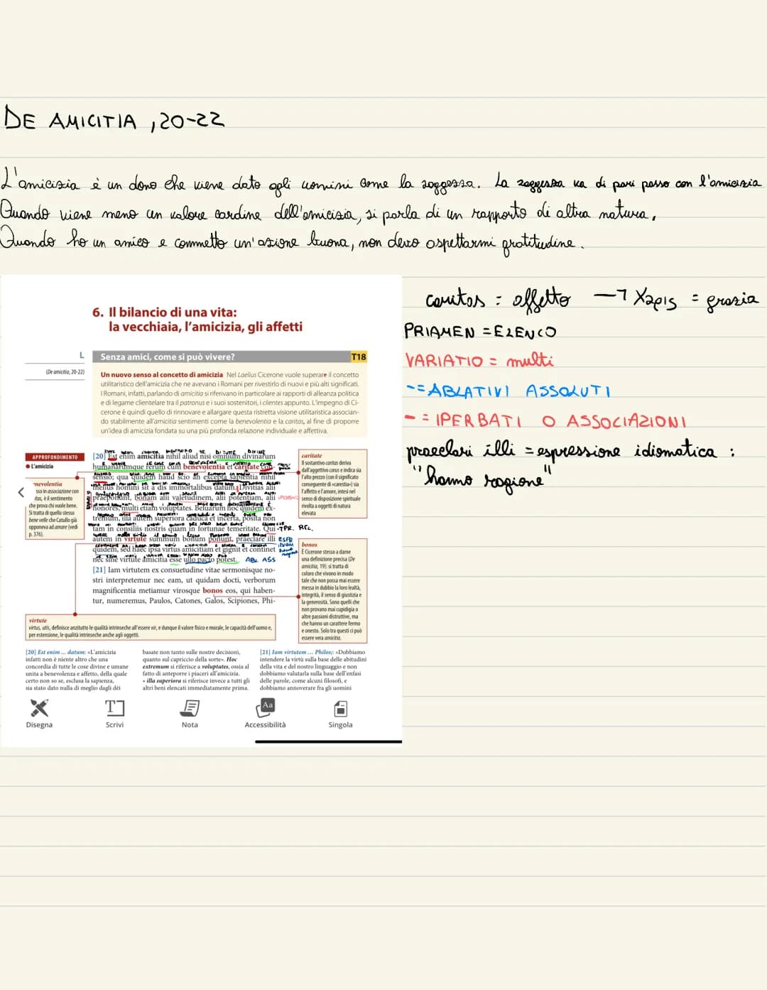 
<p>Cicerone riflette sul termine "amicizia", notando che ha la stessa radice semantica ed etimologica di "amore", sottolineando quindi un l