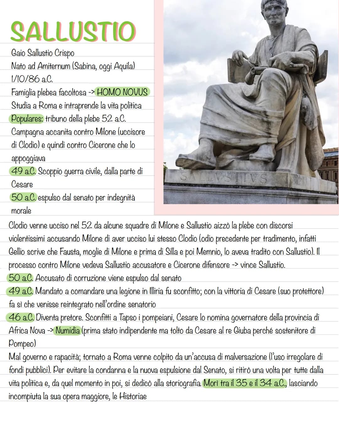 
<p>Gaio Sallustio Crispo nacque ad Amiternum (Sabina, oggi Aquila) l'1 ottobre 86 a.C. proveniente da una famiglia plebea facoltosa, divenn
