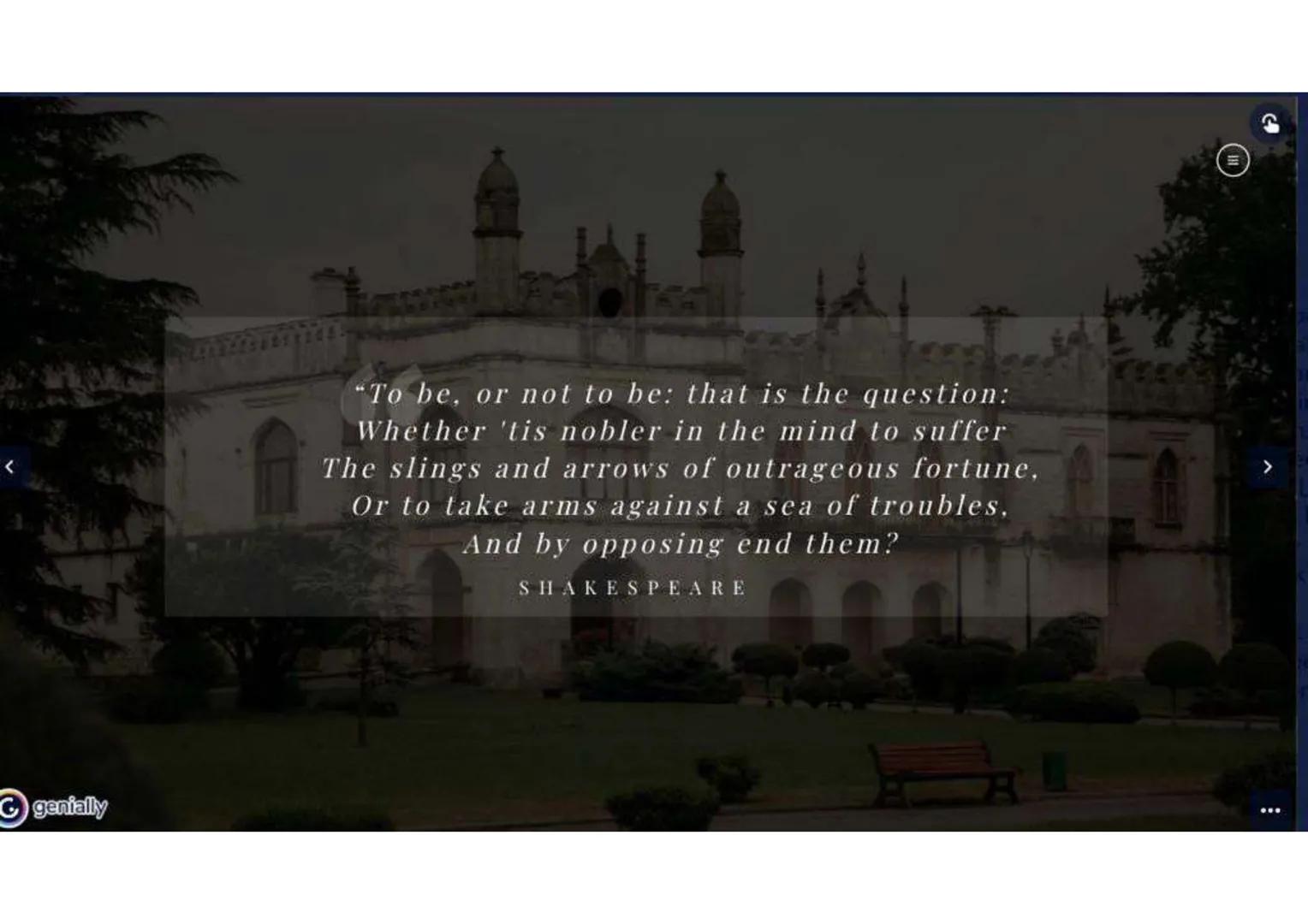 1600-1602
HAMLET
A SHAKESPEARE'S PLAY genially

# TABLE OF CONTENTS

HISTORY

THE AUTHOR

PLOT

HAMLET
CHARACTER

CHARACTERS

THEMES-GENRE

