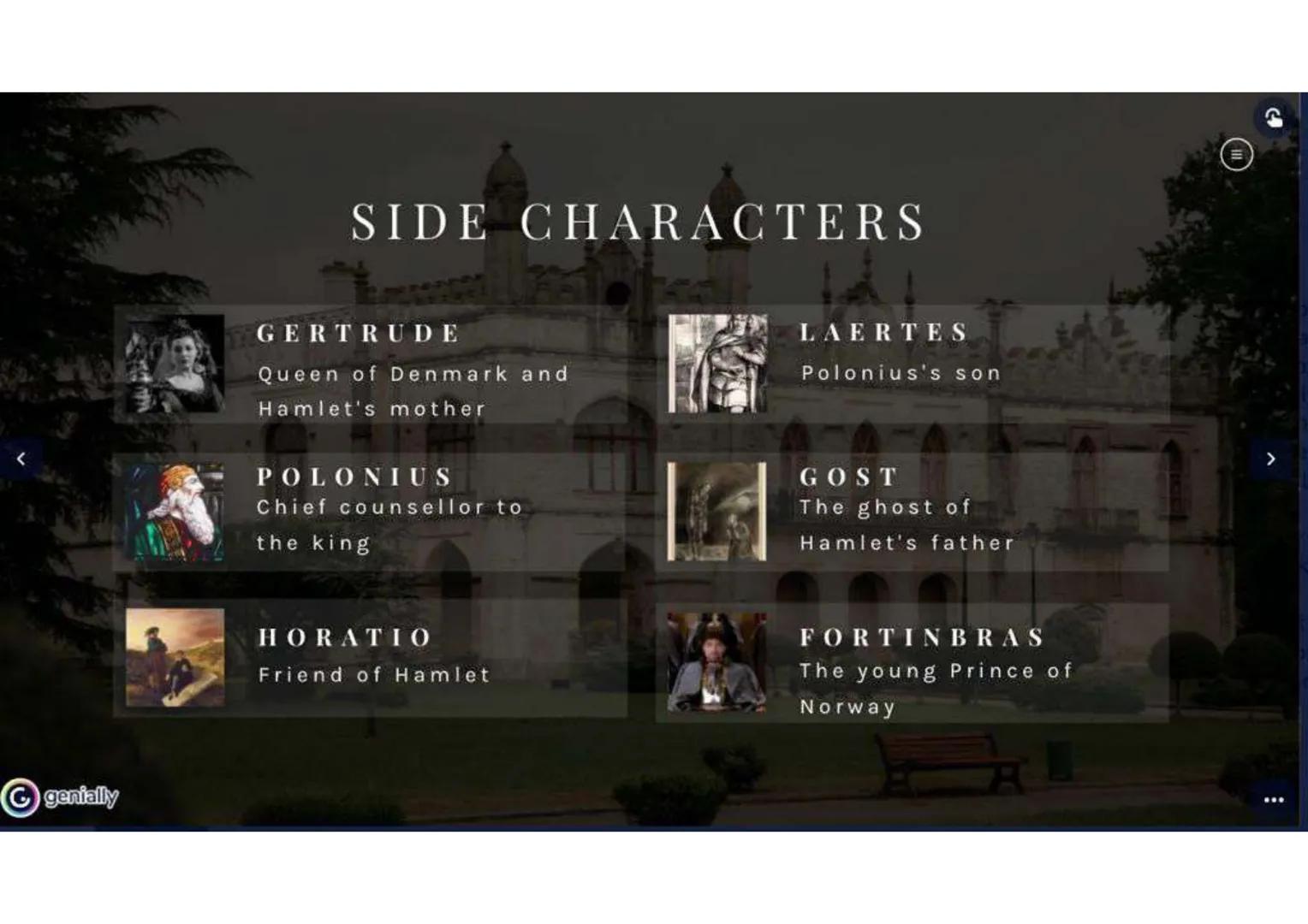 1600-1602
HAMLET
A SHAKESPEARE'S PLAY genially

# TABLE OF CONTENTS

HISTORY

THE AUTHOR

PLOT

HAMLET
CHARACTER

CHARACTERS

THEMES-GENRE

