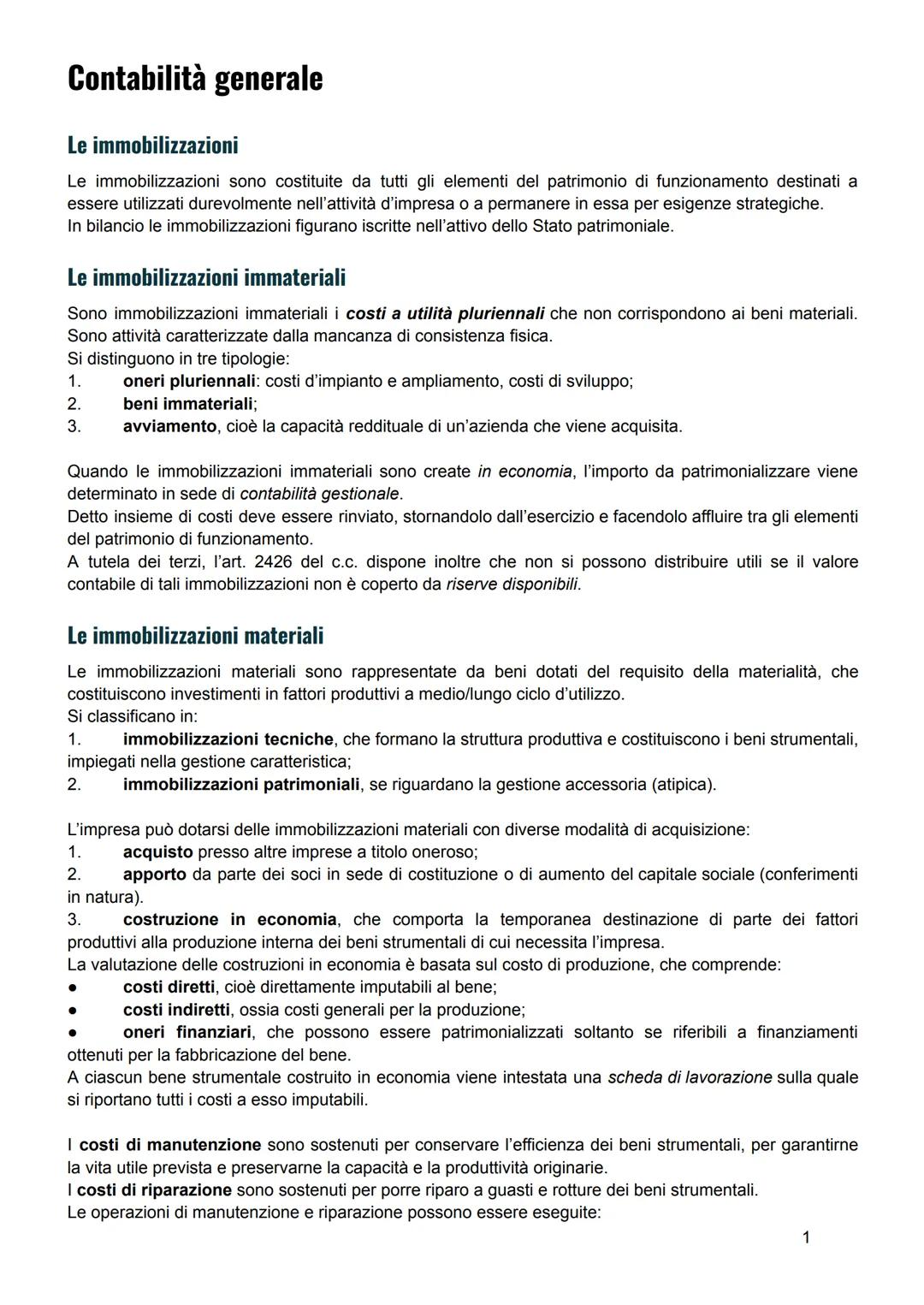 Contabilità generale
Le immobilizzazioni
Le immobilizzazioni sono costituite da tutti gli elementi del patrimonio di funzionamento destinati