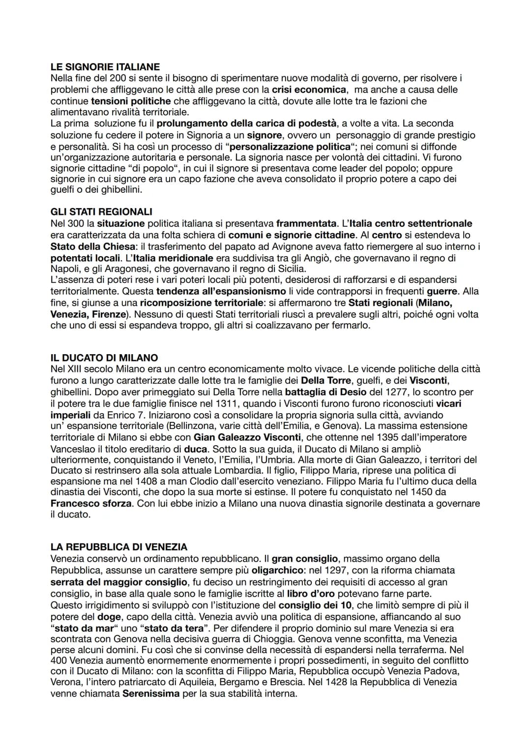 LE SIGNORIE ITALIANE
Nella fine del 200 si sente il bisogno di sperimentare nuove modalità di governo, per risolvere i
problemi che affligge