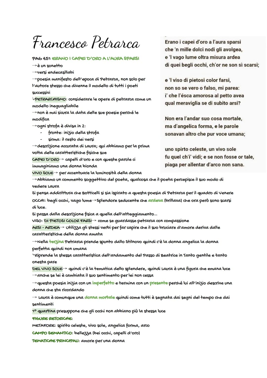 Francesco Petrarca
PAG 451 ERANO I CAPEI D'ORO A L'AURA SPARSI
→è un sonetto
→versi endecasillabi
→poesia manifesto dell'epoca di Petrarca, 