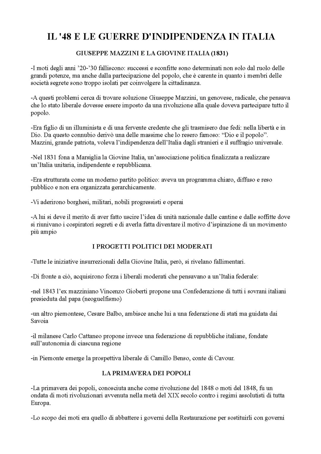 Le Rivoluzioni del 1848 e le Guerre d'Indipendenza Italiane