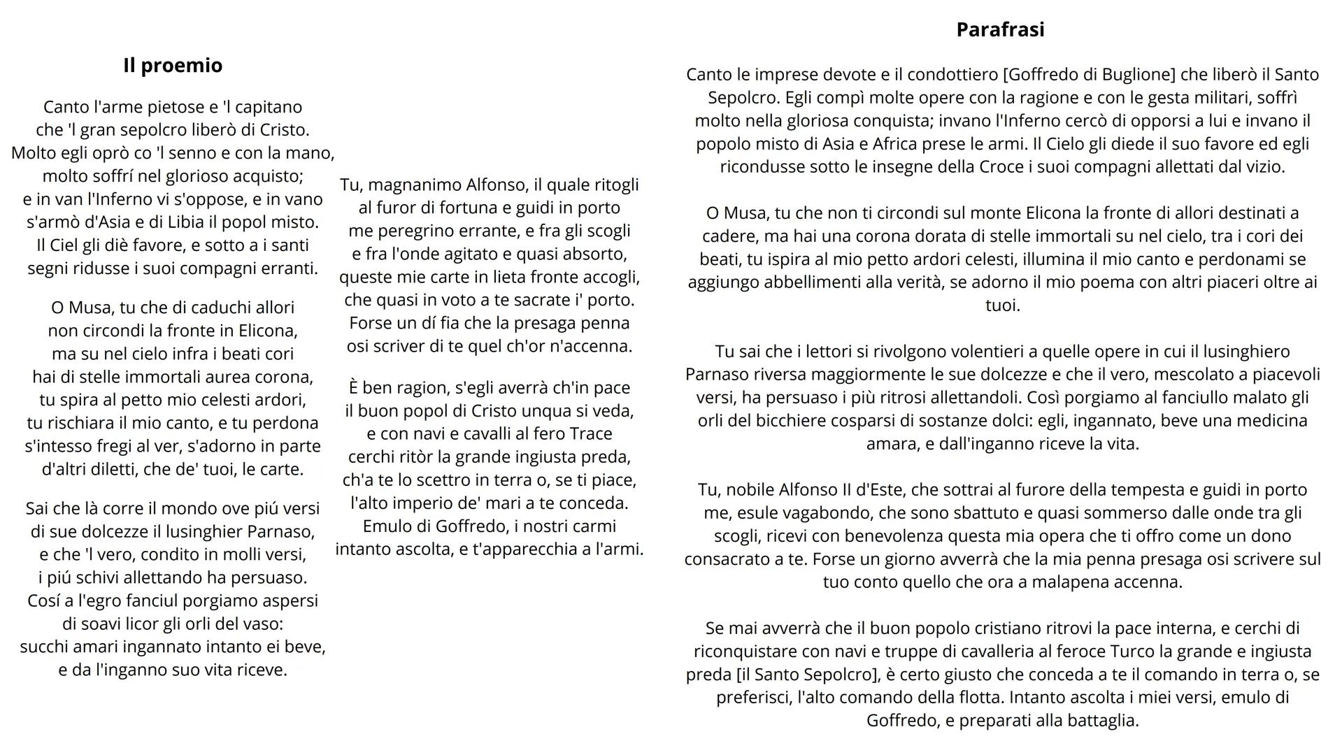 Il proemio
Canto l'arme pietose e 'l capitano
che 'l gran sepolcro liberò di Cristo.
Molto egli oprò co 'I senno e con la mano,
molto soffrí