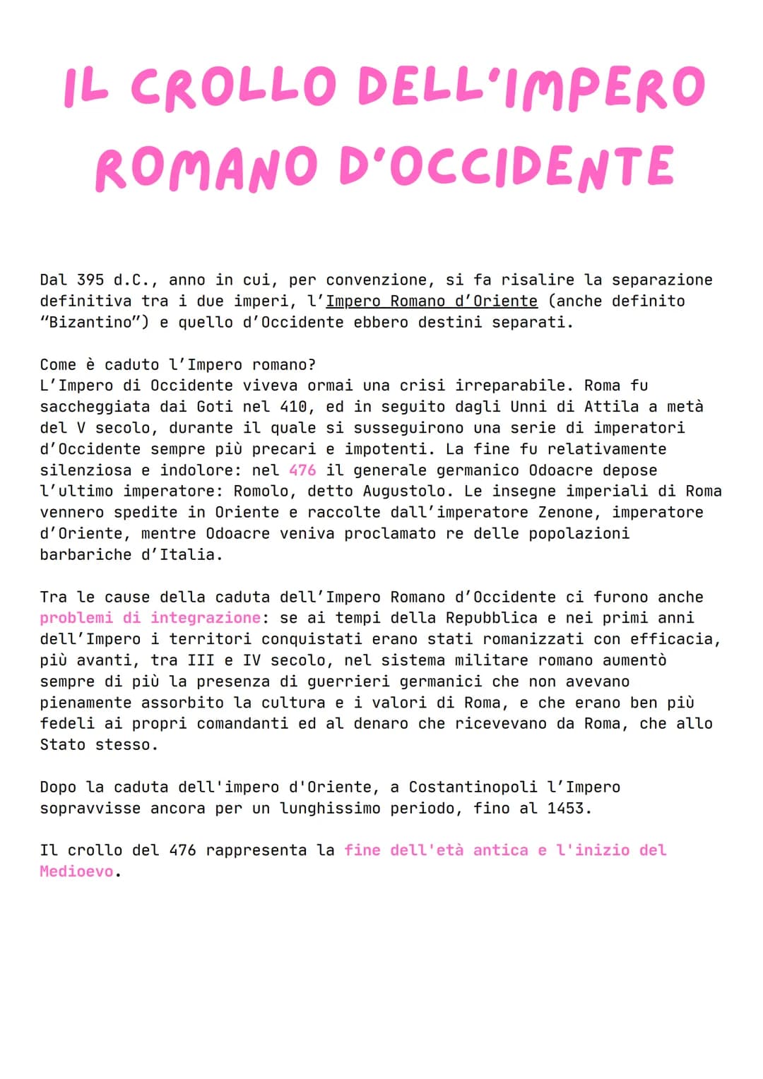 IL CROLLO DELL'IMPERO
ROMANO D'OCCIDENTE
Dal 395 d.C., anno in cui, per convenzione, si fa risalire la separazione
definitiva tra i due impe