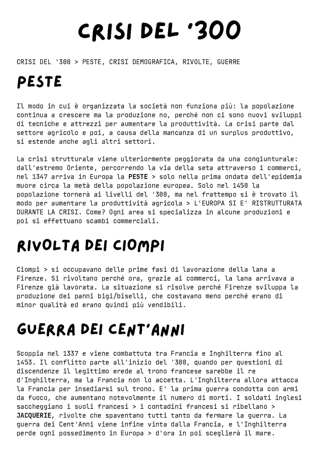 Crisi e Peste del '300: Riassunto Breve e Mappa Concettuale