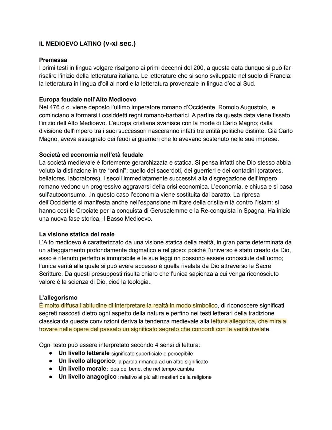 IL MEDIOEVO LATINO (V-XI sec.)
Premessa
I primi testi in lingua volgare risalgono ai primi decenni del 200, a questa data dunque si può far

