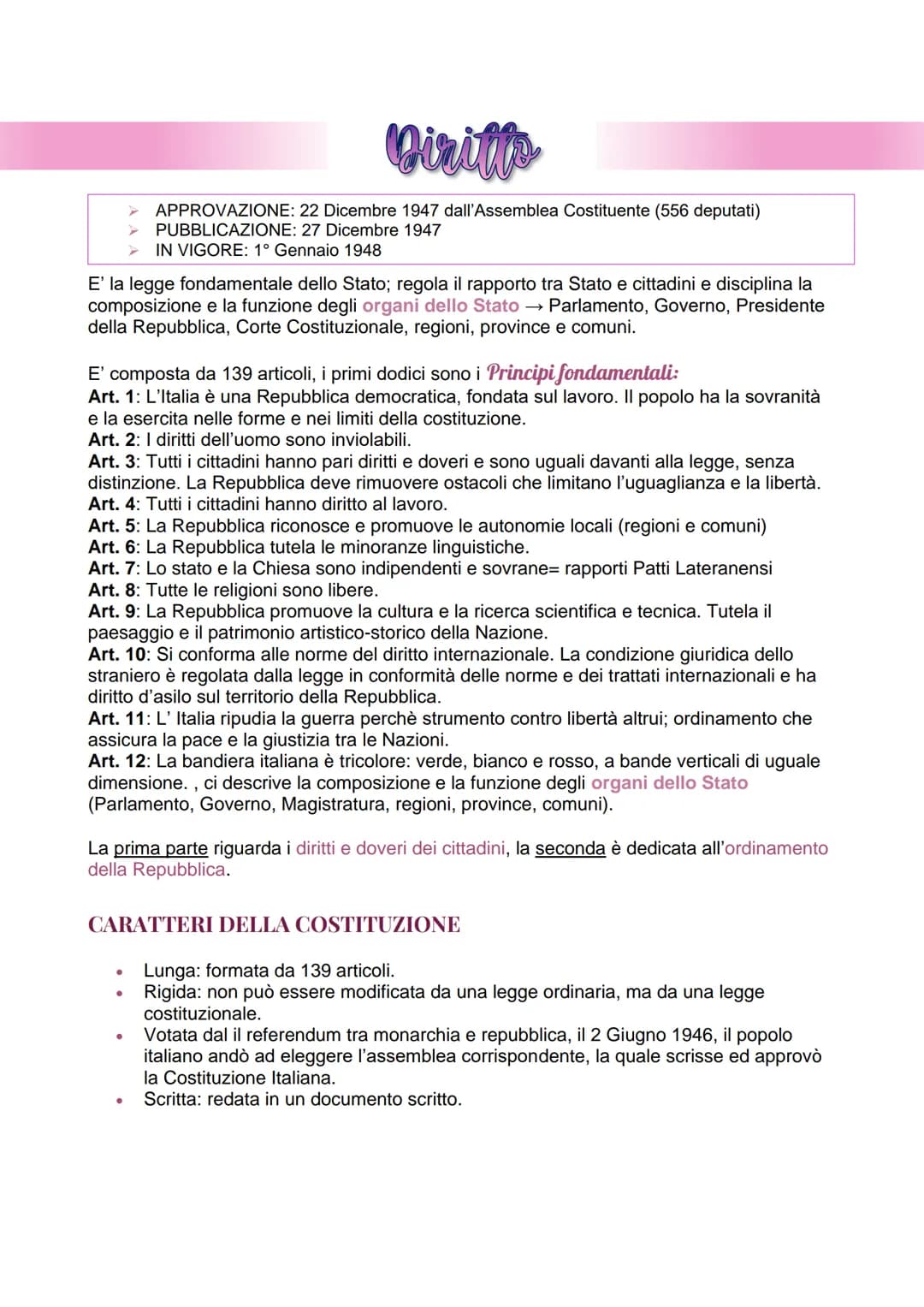 E' la legge fondamentale dello Stato; regola il rapporto tra Stato e cittadini e disciplina la
composizione e la funzione degli organi dello