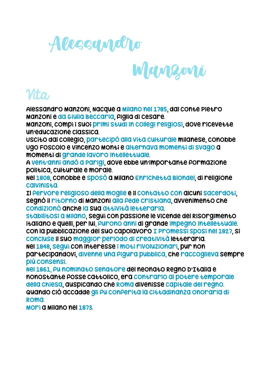 Alessandro
Manzoni
Vita
Alessandro Manzoni, Nacque a Milano nel 1785, dal conte Pietro
Manzoni e da Giulia Beccaria, figlia di cesare.
Manzo