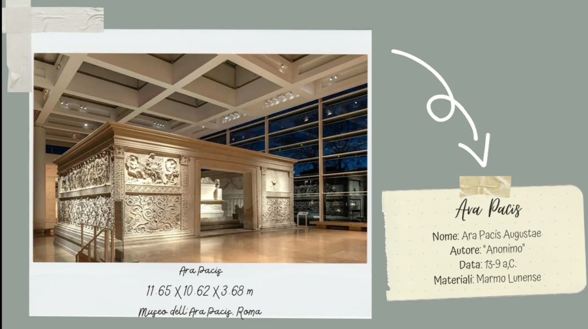 Ara Pacis
Analisi dell'opera Ara Pacis
11.65 X 10.62 X3.68 m
Museo dell Ara Pacis. Roma
Ava Pacis
Nome: Ara Pacis Augustae
Autore: "Anonimo"