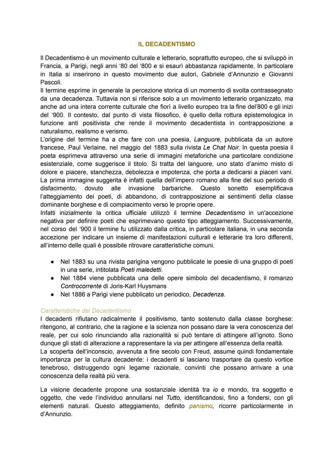 IL DECADENTISMO
Il Decadentismo è un movimento culturale e letterario, soprattutto europeo, che si sviluppò in
Francia, a Parigi, negli anni