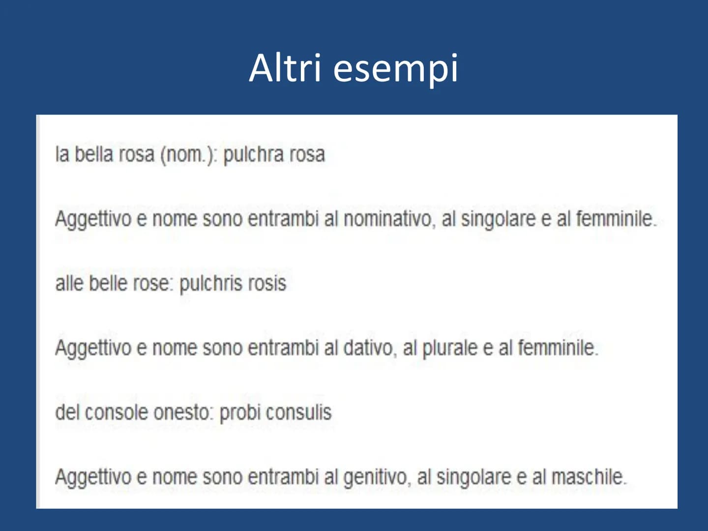 L'AGGETTIVO in LATINO Gli aggettivi in latino si dividono in due gruppi:
1ª classe
si declinano come i
nomi di 1a e di 2a
declinazione
Ognun