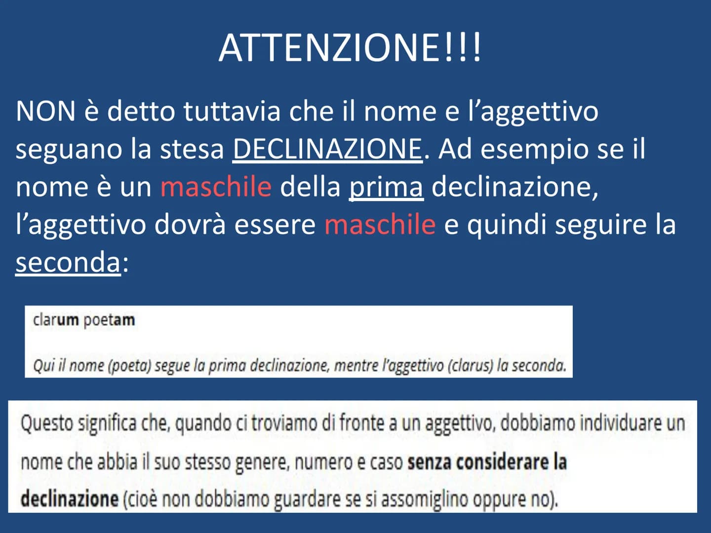 L'AGGETTIVO in LATINO Gli aggettivi in latino si dividono in due gruppi:
1ª classe
si declinano come i
nomi di 1a e di 2a
declinazione
Ognun