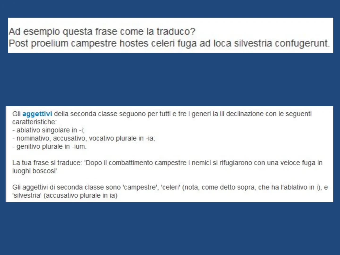 L'AGGETTIVO in LATINO Gli aggettivi in latino si dividono in due gruppi:
1ª classe
si declinano come i
nomi di 1a e di 2a
declinazione
Ognun