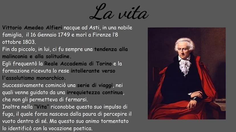 AL
FIE
RI
POETA TRAGICO
(1749-1803) La vita
Vittorio Amedeo Alfieri nacque ad Asti, in una nobile
famiglia, il 16 Gennaio 1749 e morì a Fire