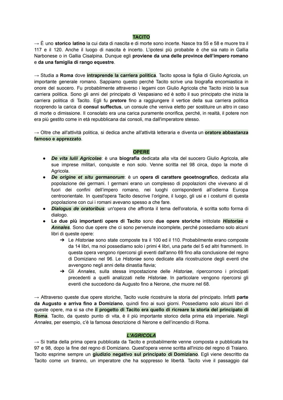 TACITO
→ È uno storico latino la cui data di nascita e di morte sono incerte. Nasce tra 55 e 58 e muore tra il
117 e il 120. Anche il luogo 