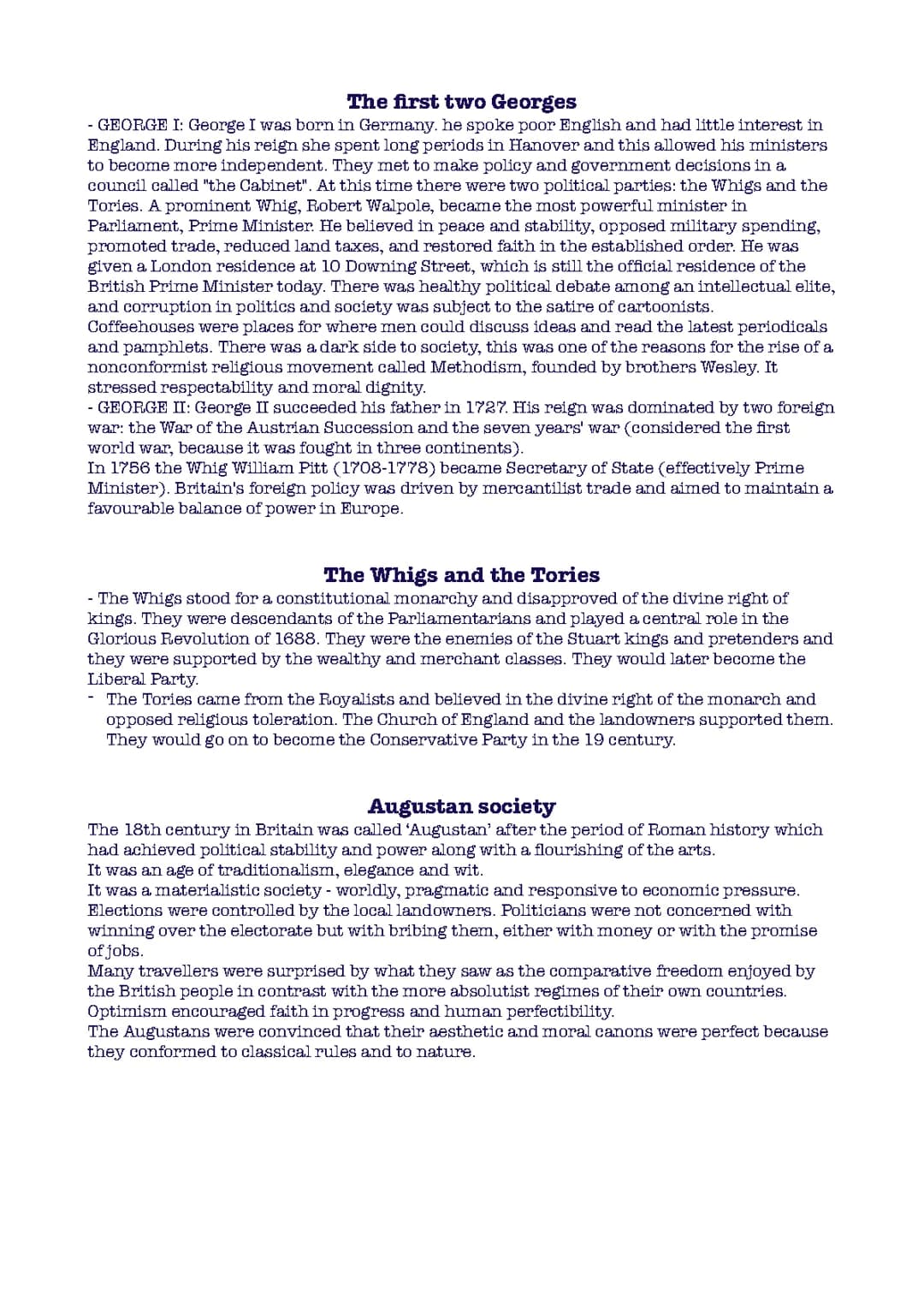 The first two George, The Wighs and the Tories, Augustan society, A chancing social reality, The rise of the novel