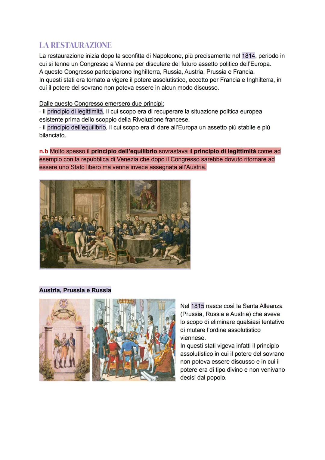 LA RESTAURAZIONE
La restaurazione inizia dopo la sconfitta di Napoleone, più precisamente nel 1814, periodo in
cui si tenne un Congresso a V