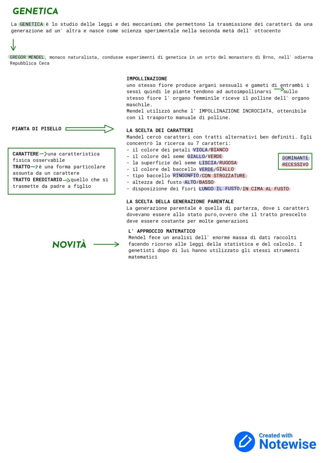 GENETICA
La GENETICA è lo studio delle leggi e dei meccanismi che permettono la trasmissione dei caratteri da una
generazione ad un' altra e