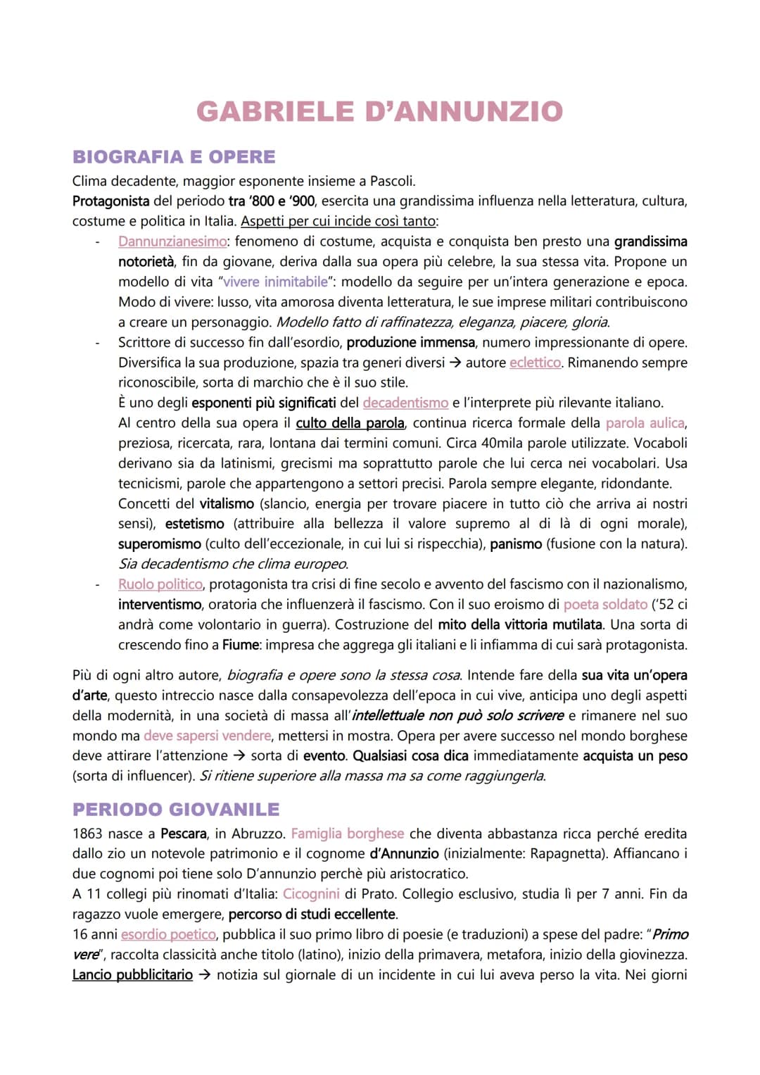 GABRIELE D'ANNUNZIO
BIOGRAFIA E OPERE
Clima decadente, maggior esponente insieme a Pascoli.
Protagonista del periodo tra '800 e '900, eserci