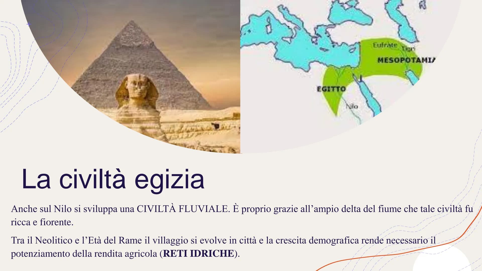 EGITTO
Eufrate in
MESOPOTAMI
La civiltà egizia
Anche sul Nilo si sviluppa una CIVILTÀ FLUVIALE. È proprio grazie all'ampio delta del fiume c
