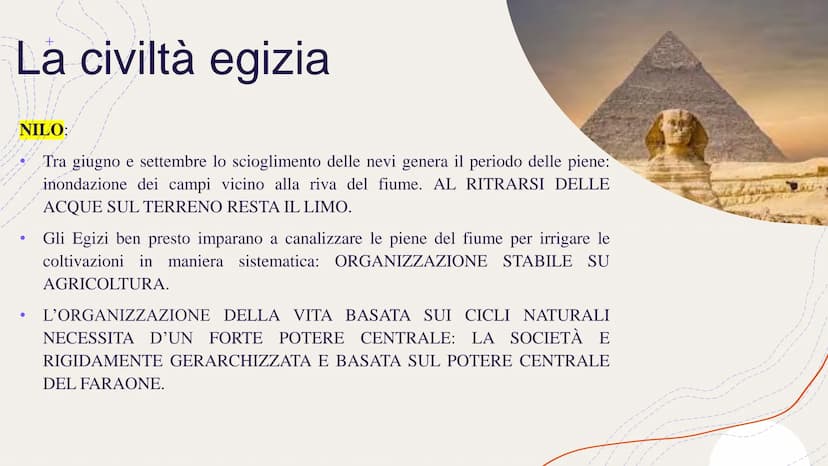 EGITTO
Eufrate in
MESOPOTAMI
La civiltà egizia
Anche sul Nilo si sviluppa una CIVILTÀ FLUVIALE. È proprio grazie all'ampio delta del fiume c