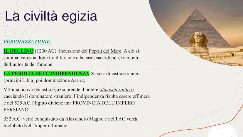 EGITTO
Eufrate in
MESOPOTAMI
La civiltà egizia
Anche sul Nilo si sviluppa una CIVILTÀ FLUVIALE. È proprio grazie all'ampio delta del fiume c