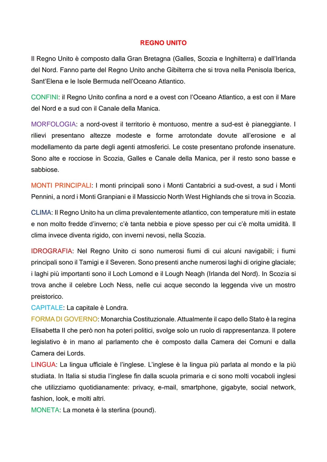 REGNO UNITO
II Regno Unito è composto dalla Gran Bretagna (Galles, Scozia e Inghilterra) e dall'Irlanda
del Nord. Fanno parte del Regno Unit