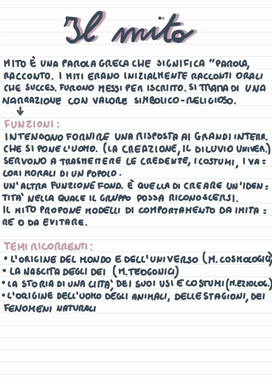 
<p>Il mito è una parola greca che significa "parola, racconto". I miti erano inizialmente racconti orali che successivamente furono trascri
