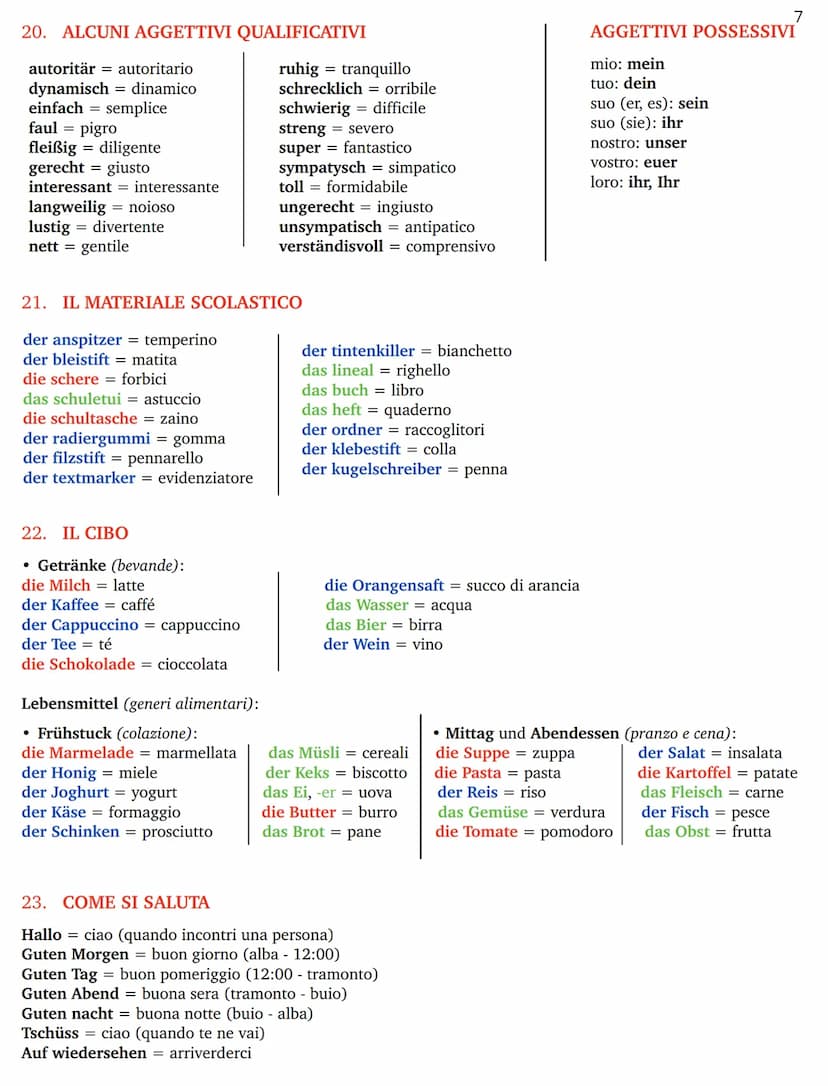 1. NUMERI
1
= eins
2 = zwei
3 =
drei
4 =
vier
5 = fünf
6 =
sechs
7 = sieben
8 = acht
9 = neun
10 = zehn
2. COLORI
rosso rot
blu = blau
strut