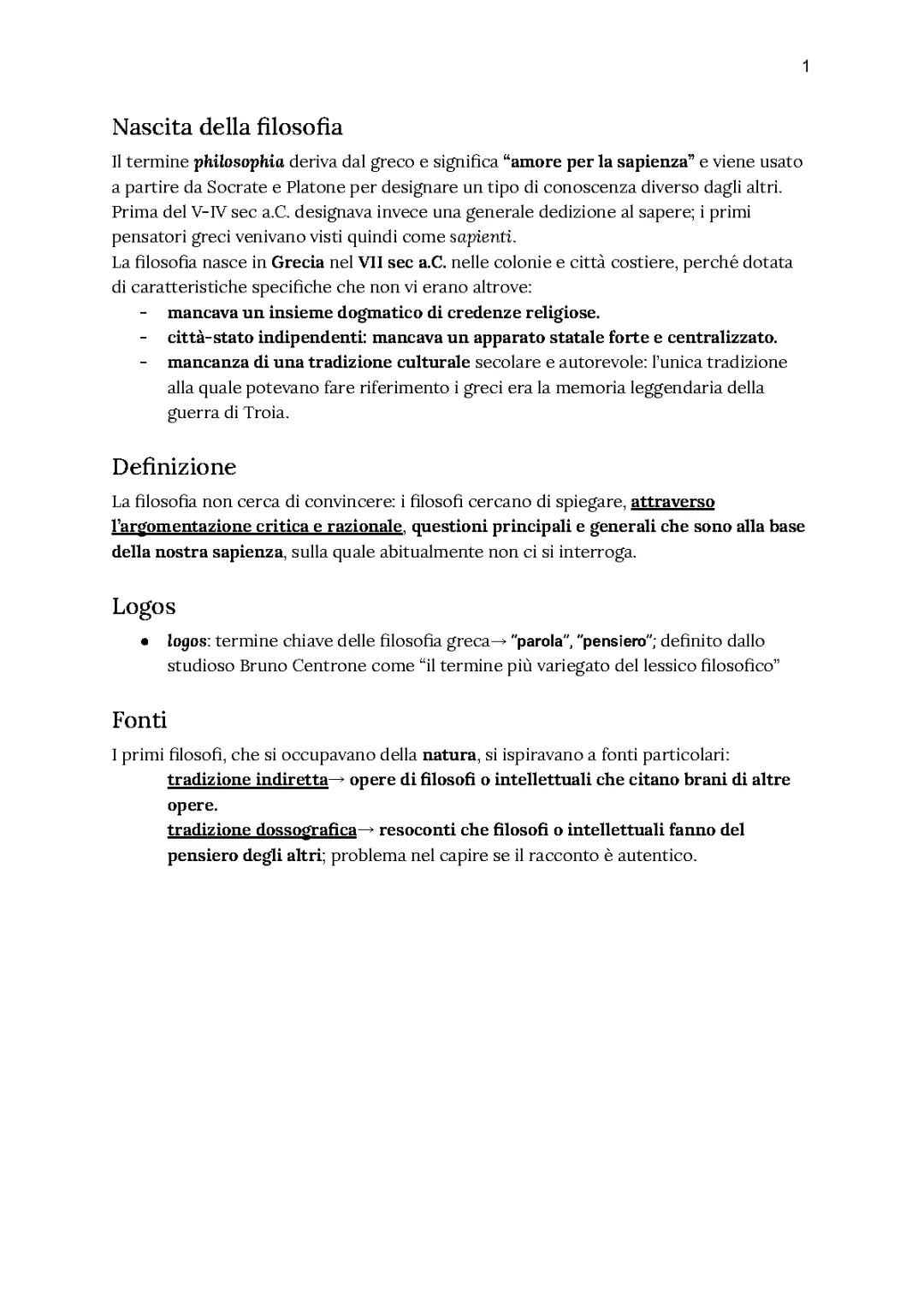 Nascita della filosofia e definizione, fonti (tradizione diretta e dossografica), Presocratici (Talete, Anassimandro, Anassimene), Pitagora e Pitagorici, Eraclito, Parmenide, Pluralisti (Empedocle, Anassagora, Democrito)