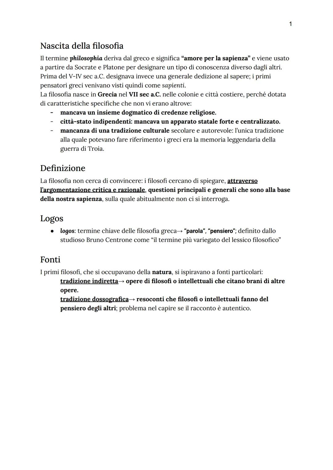 Nascita della filosofia
Il termine philosophia deriva dal greco e significa "amore per la sapienza" e viene usato
a partire da Socrate e Pla