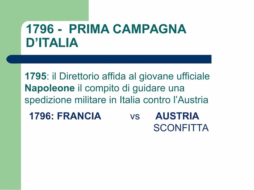 NAPOLEONE BONAPARTE
(1769-1821)
http://www.ovovideo.com/napoleone-bonaparte/ 1796- PRIMA CAMPAGNA
D'ITALIA
1795: il Direttorio affida al gio