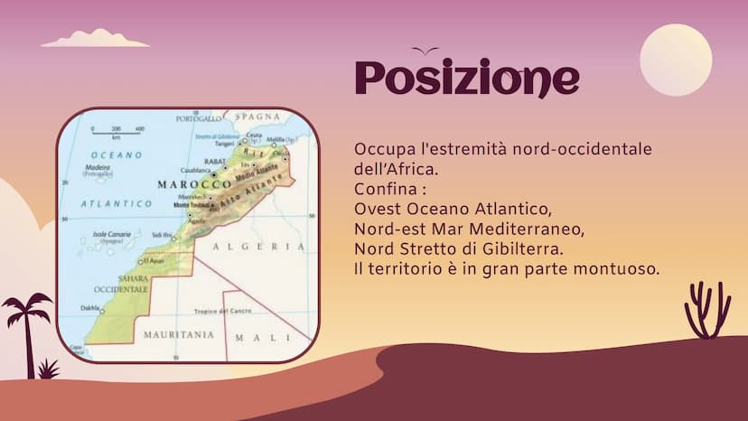Marocco
Africa settentrionale Informazioni principali :
Nome completo:
Capitale:
Forma istituzionale :
Popolazione/densità :
Moneta:
Religio