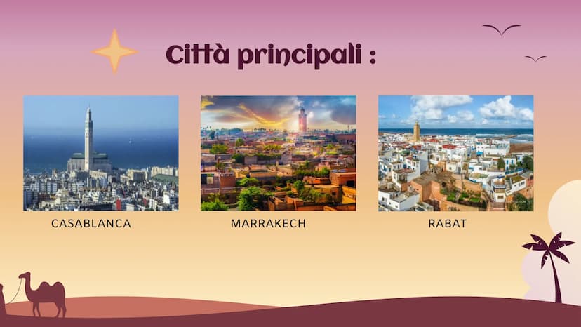 Marocco
Africa settentrionale Informazioni principali :
Nome completo:
Capitale:
Forma istituzionale :
Popolazione/densità :
Moneta:
Religio