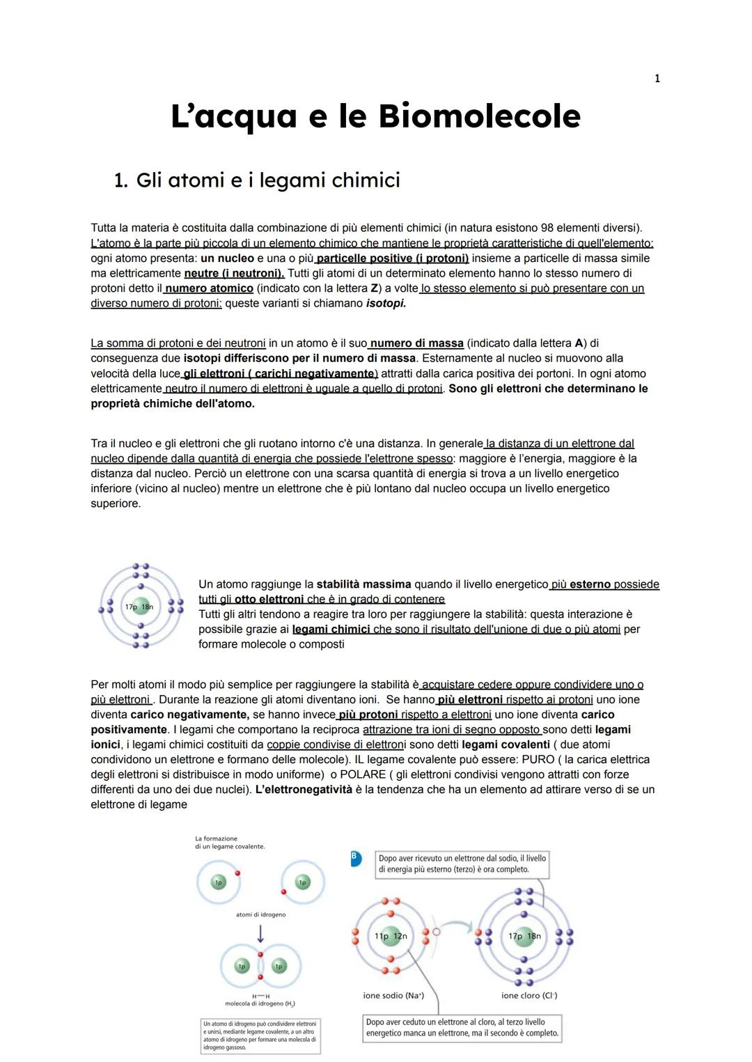 L'acqua e le Biomolecole
1. Gli atomi e i legami chimici
Tutta la materia è costituita dalla combinazione di più elementi chimici (in natura