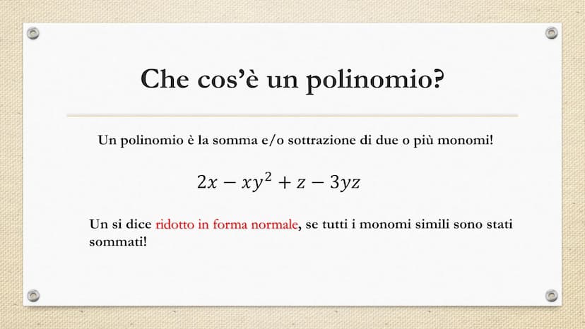 Monomi e polinomi Che cos'è un monomio?
- -
PARTE
NUMERICA
SEGNO
2
3
15 x² y³ z
/
PARTE
LETTERALE Quando due più monomi si dicono
simili?
- 